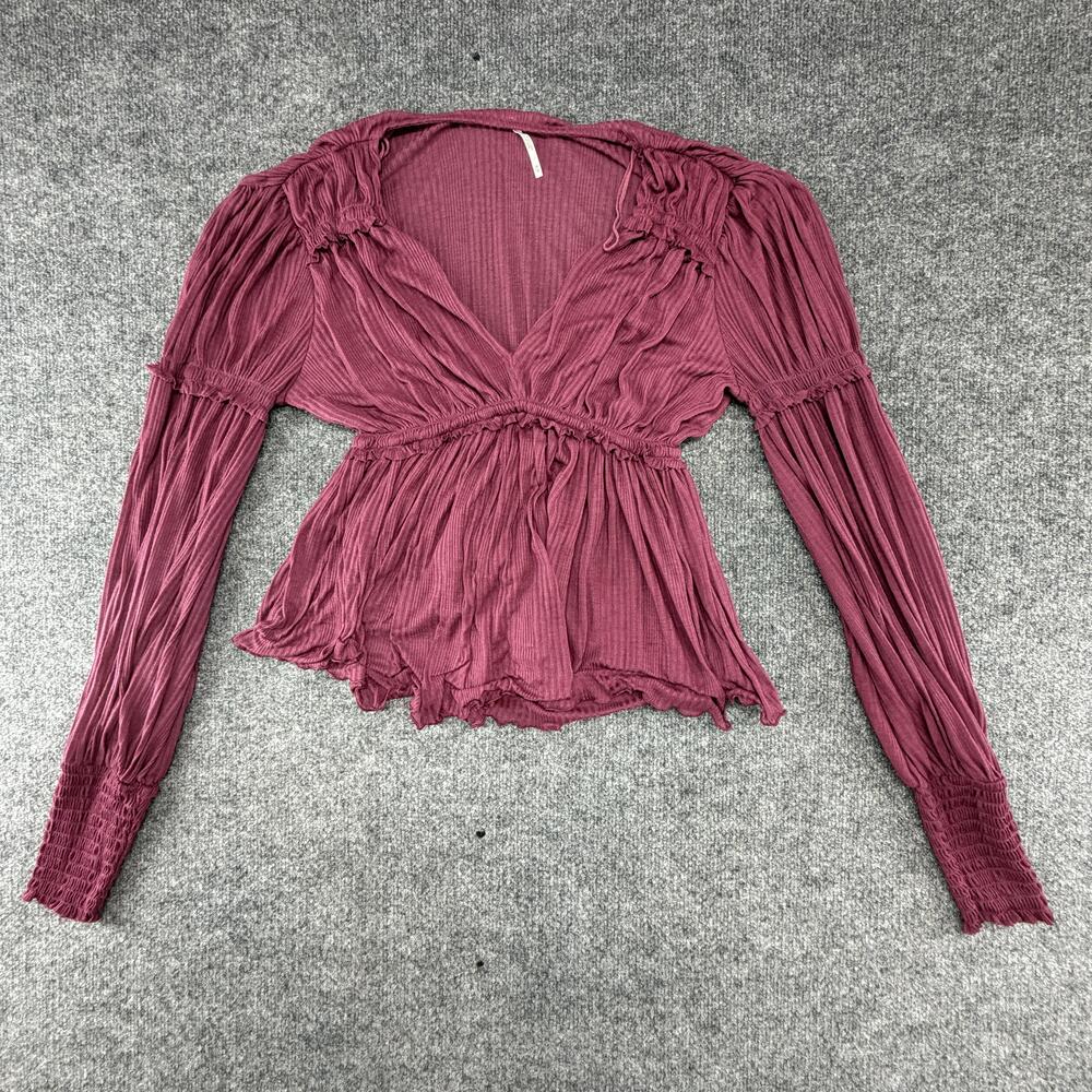 Free People Blouse Womens Medium Pink V Neck Ruffle Long Sleeve Stretch Knit
